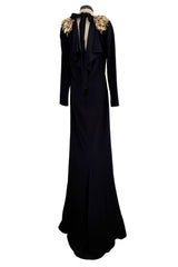 Stunning 2013 Unlabeled Alexander McQueen by Sarah Burton Black Crepe Dress w Gold Metal Detailing