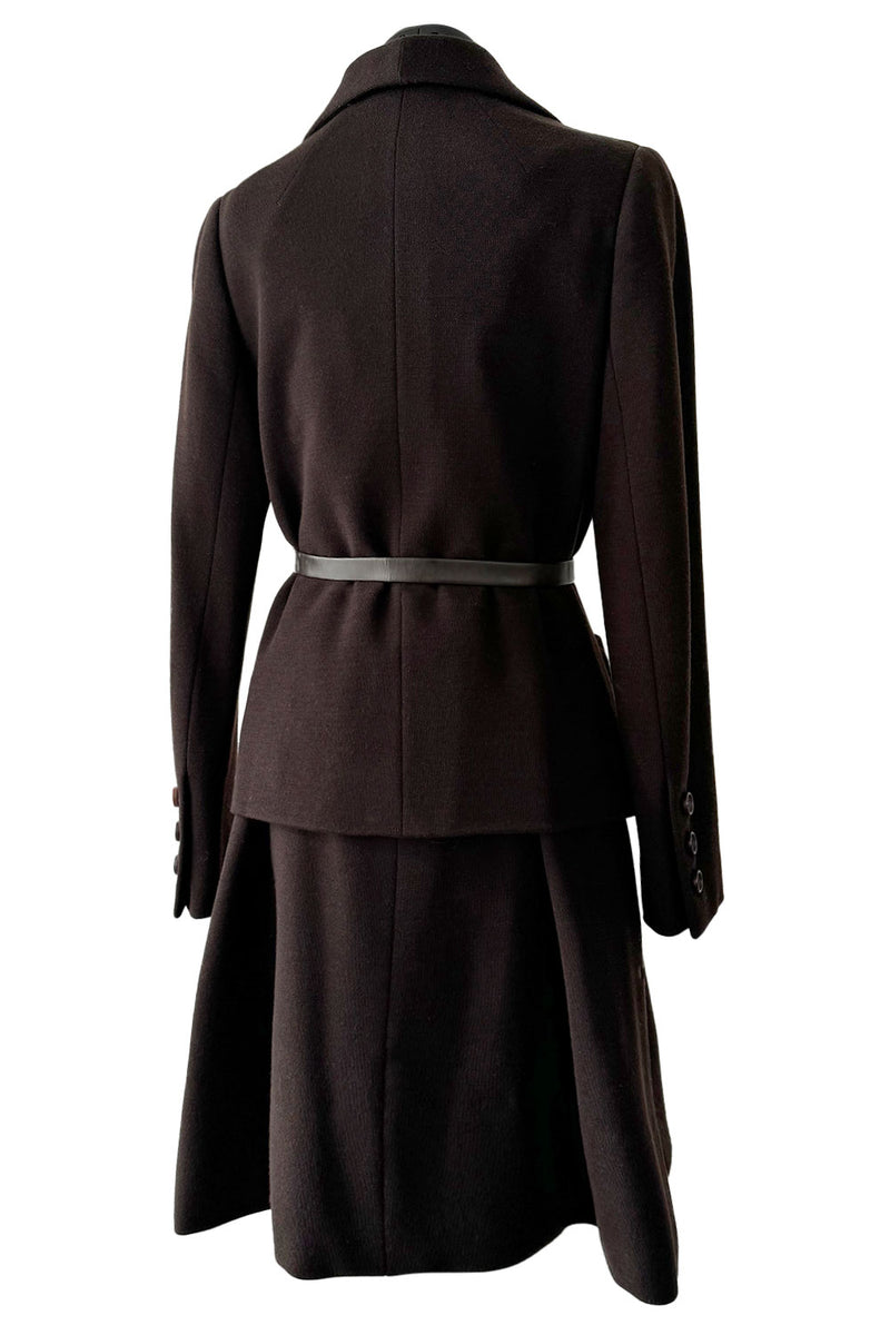 Chic 1960s Norman Norell Deep Brown Skirt & Jacket Suit Set w Belt & Hand Written Tag