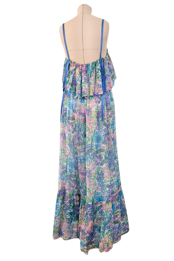 Spectacular Spring 1978 Christian Dior by Marc Bohan Blue Floral Silk Chiffon Dress w Ribbon Straps