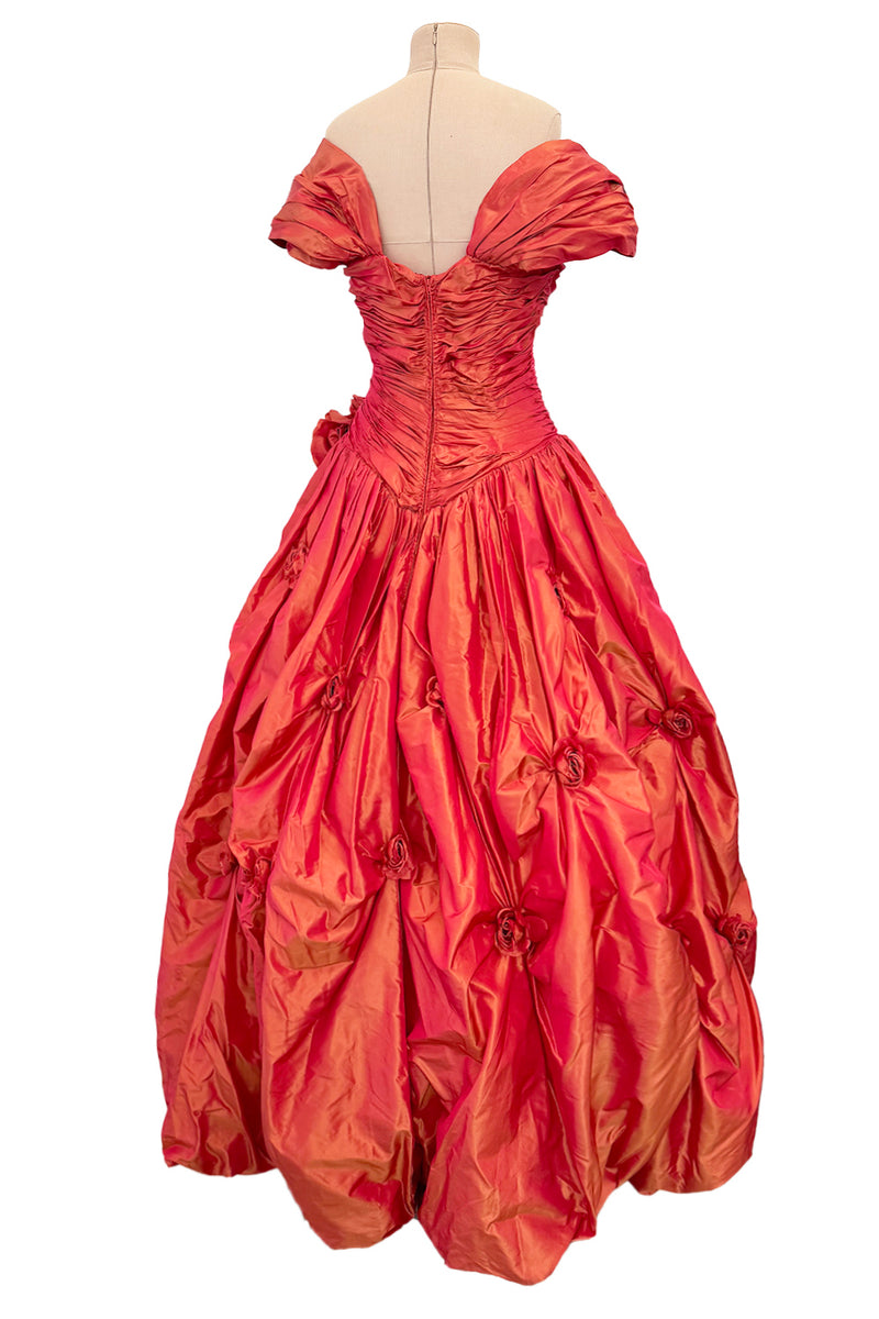1989 Loris Azzaro Irridescent Coral Silk Taffeta Dress w Rosette Floral Detail
