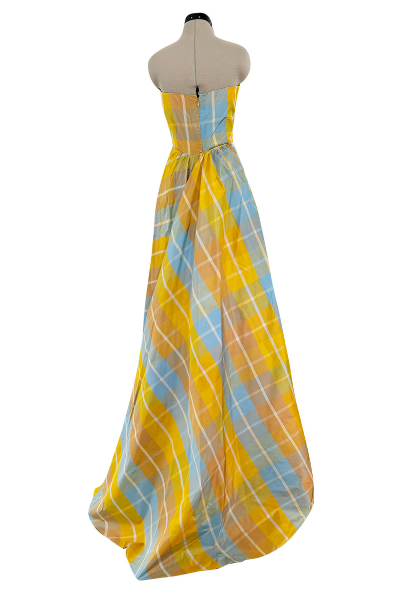 Beautiful Late 1980s Pierre Balmain Pastel Blue & Yellow Feather Light Strapless Silk Dress w Full Skirt