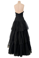 1940s Jean Patou Haute Couture Strapless Black Silk Chiffon Dress w Tiered Full Skirt