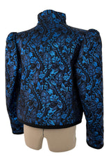 Stunning 1970s Yves Saint Laurent Metallic Blue Thread & Black Embroidered Brocade Crop Jacket