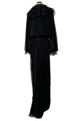 Superb Late 1970s James Galanos Multi Layer Black Silk Chiffon Dress w Removeble Ruffled Collar