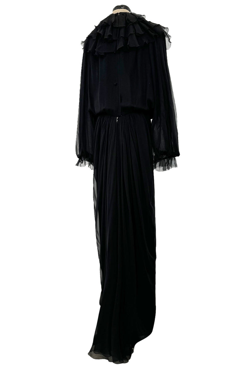 Beautiful 1970s James Galanos Couture Black Silk Chiffon Bias Cut Dress w Removeable Ruffled Collar