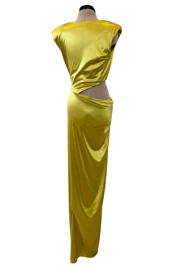 Incredible 1990s Gianni Versace Chartreuse Stretch Dress w Side Cut Out & Slit
