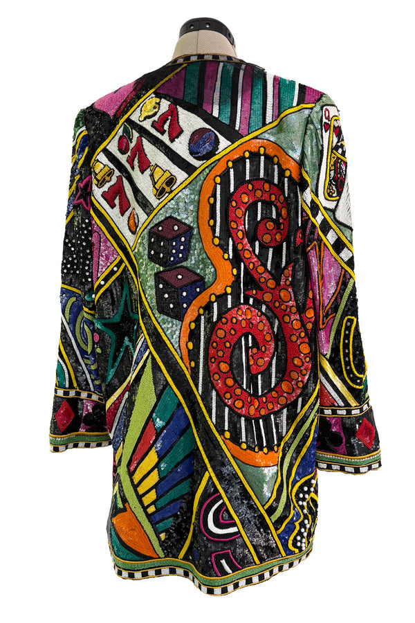 Incredible 1980s Bob Mackie Main Label Fully Sequin & Beaded Oversized Casino Themed Jacket
