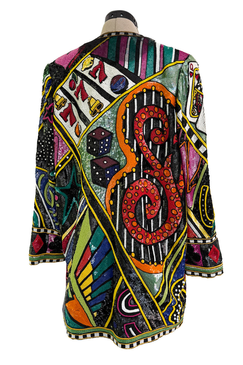 Incredible 1980s Bob Mackie Main Label Fully Sequin & Beaded Oversized Casino Themed Jacket