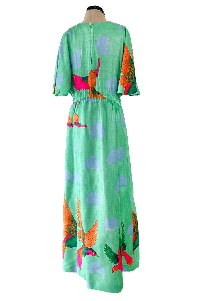 Prettiest 1970s Hanae Mori Green & Tropical Bird Printed Caftan Dress w Curved Sleeves