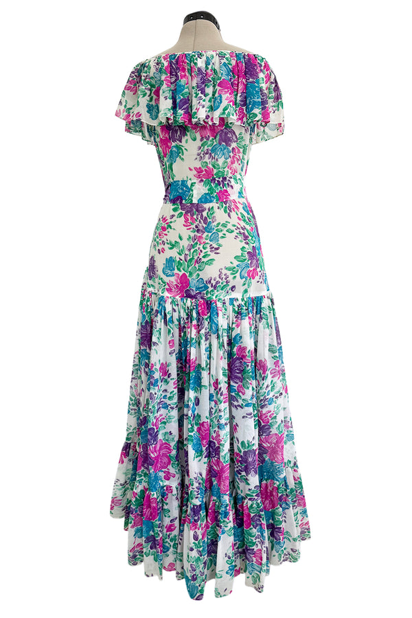 Prettiest Spring 1980 Yves Saint Laurent Floral Cotton Gauze Wide Shoulder Dress w Matching Tie Belt
