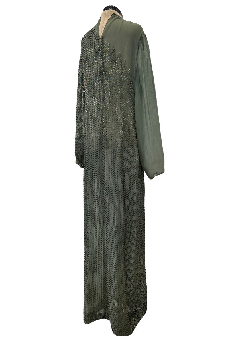Prettiest Fall 1981 John Anthony Couture Moss Green Silk Chiffon Dress w Hand Beaded Detailing
