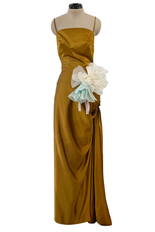 Stunning 1968 Mr Blackwell Custom Deep Copper Gold Silk Dress w Hip Swag & Flower Pin