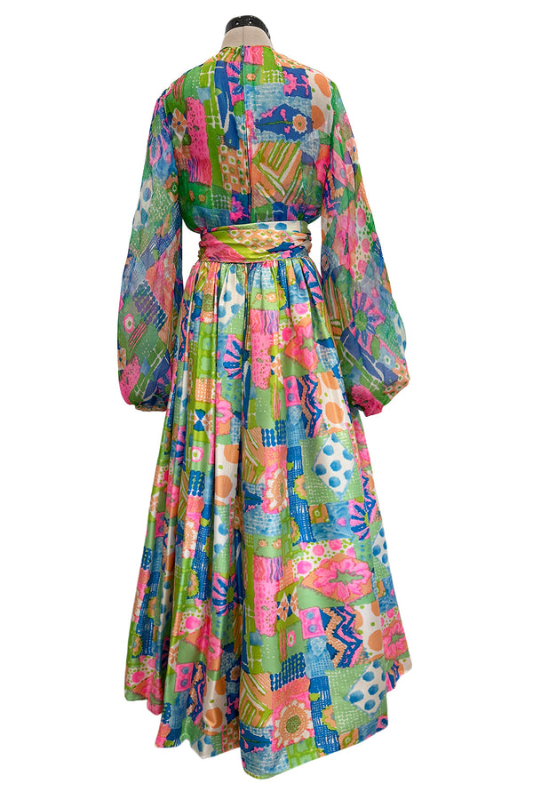 Fantastic Spring 1969 Kiki Hart Multi Colour Floral & Pattern Silk & SIlk Organza Dress w Balloon Sleeves