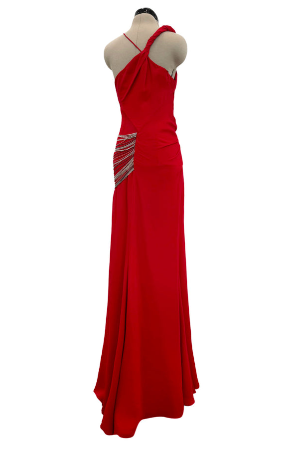 Fabulous 2000s Versace by Donatella Red Crepe Dress w Rhinestone & Silver Chain Detailing