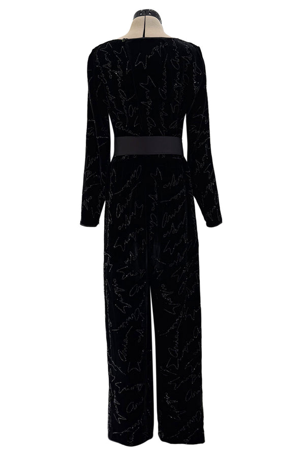 Exquisite Fall 2019 Giorgio Armani Runway Look 80 Velvet &Silk Ribbon Jumpsuit w Black Jet Beads