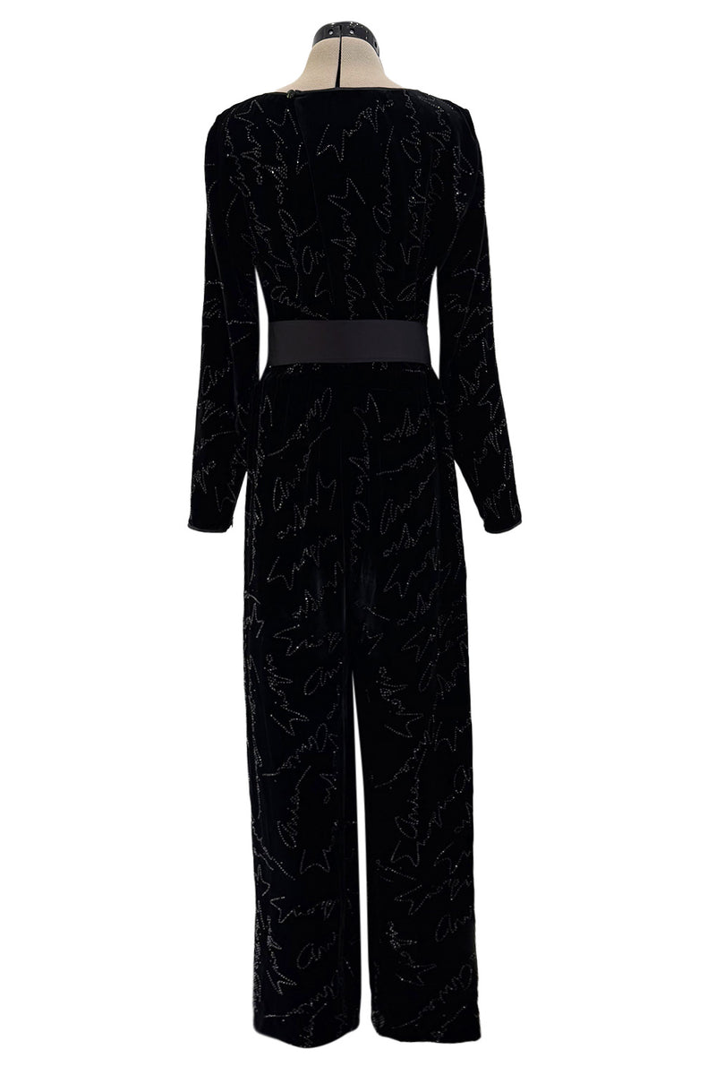Exquisite Fall 2019 Giorgio Armani Runway Look 80 Velvet &Silk Ribbon Jumpsuit w Black Jet Beads