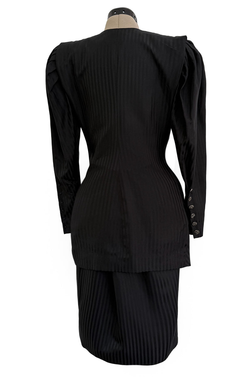 Fabulous Spring 1985 Emanuel Ungaro Haute Couture Runway Black Stripe Jacket & Skirt Set