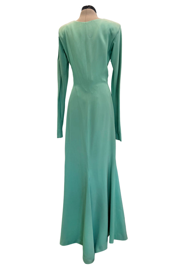 Iconic Spring 1985 Yves Saint Laurent Haute Couture Runway Pale Green Silk Dress w Front Plunge & Tie