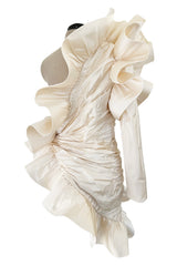 Rare 1980s Pierre Cardin Haute Couture Ivory Silk One Sleeve Ruffle Top w Black Silk Bow
