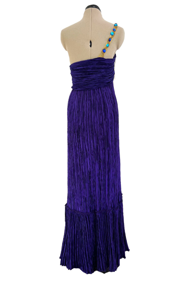 Fall 1982 Mary McFadden Purple Pleated Dress w Elaborate Beaded Gold Cord Shoulder
