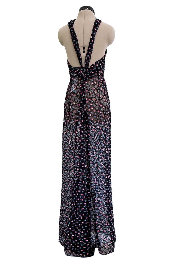 Sheer Fall 2024 Giorgio Armani Sample Deep Blue Net Dress w Embroidered Cotton Pink & Blue Flowers