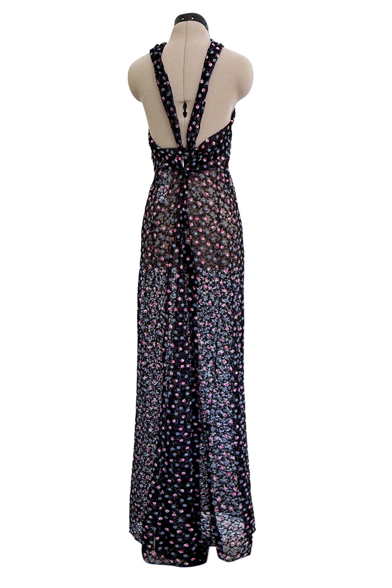 Sheer Fall 2024 Giorgio Armani Sample Deep Blue Net Dress w Embroidered Cotton Pink & Blue Flowers