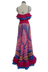 Incredible 1970s Jean Patou Printed Silk Organza Dress w Layered Ruffled Neckline & Hem