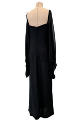 Minimalist c.1978 Pierre Cardin Haute Couture Black Silk Chiffon Dress w Huge Balloon Sleeves