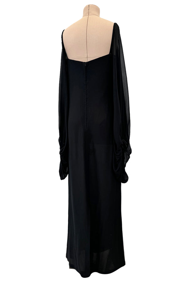 Minimalist c.1978 Pierre Cardin Haute Couture Black Silk Chiffon Dress w Huge Balloon Sleeves
