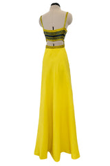 Exceptional 1960s James Galanos Yellow Silk Crepe w Blue & Yellow Beaded Back Cut Out Top