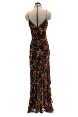 Beautiful Fall 2005 John Galliano Bias Cut Soft Brown Cut Devore Velvet & Chiffon Floral Print Dress