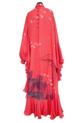 Important Fall 1972 Hanae Mori Couture Ad & Book Piece Silk Chiffon Printed & Ruffled One Sleeve Caftan Dress