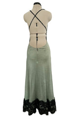 Incredible 1990s Geoffrey Beene Couture Dusty Green Jersey Plunge Dress w Sequins