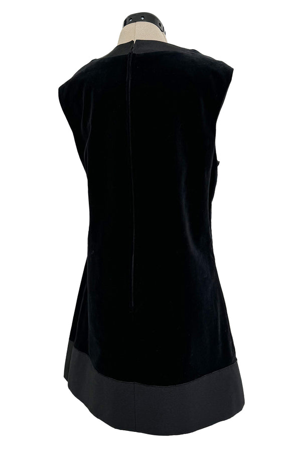 Minimalist 1960s Pierre Cardin Black Cotton Velvet Mod Shift Dress w Grosgrain Detailing