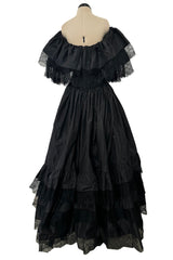 Dramatic 1970s Louis MiesOff Shoulder Haute Couture Silk Dress w Hand Made Lace & Full Skirt