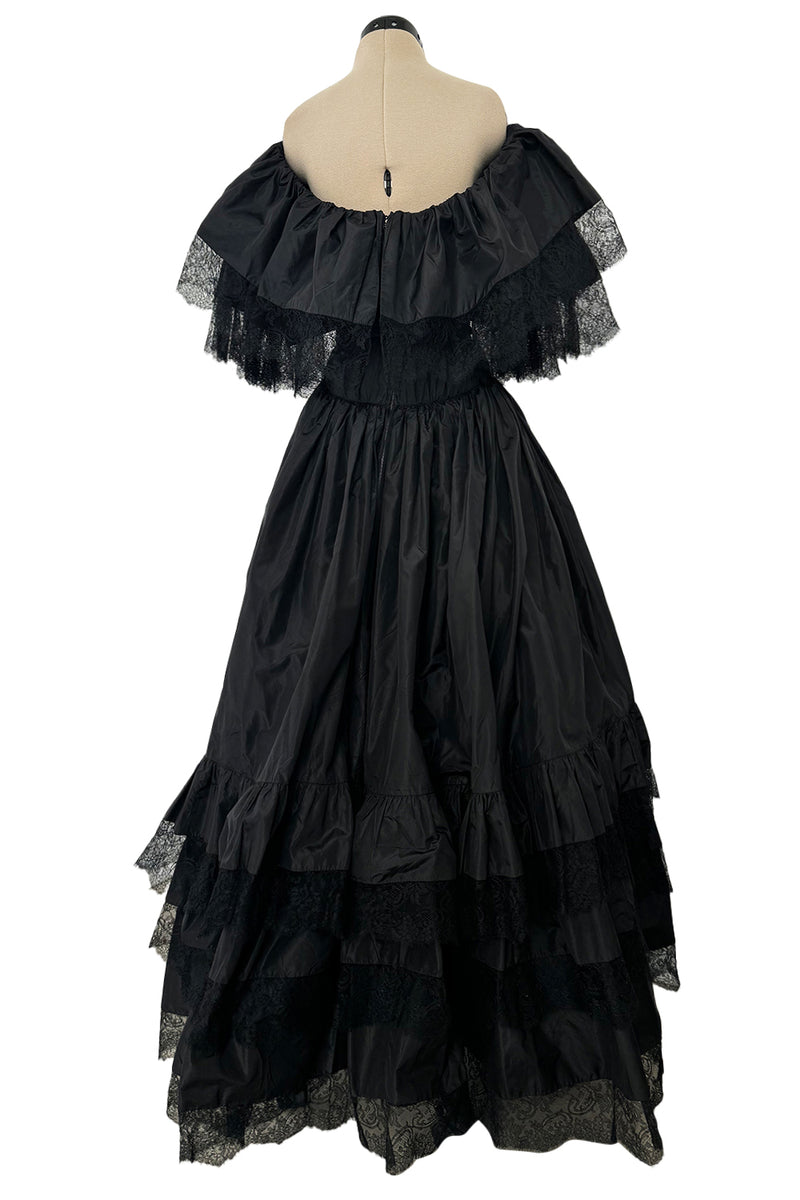 Dramatic 1970s Louis MiesOff Shoulder Haute Couture Silk Dress w Hand Made Lace & Full Skirt