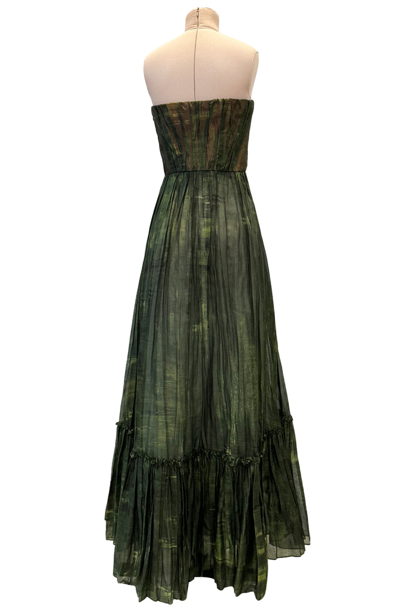 Magical Fall 2019 Valentino Strapless Pleated Green Cotton Dress w Painted Floral Detailing