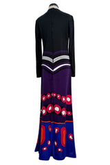 Fantastic Spring 1970 Louis Feraud Easy-to-Wear Printed Purple & Pink on Black Jersey Dress