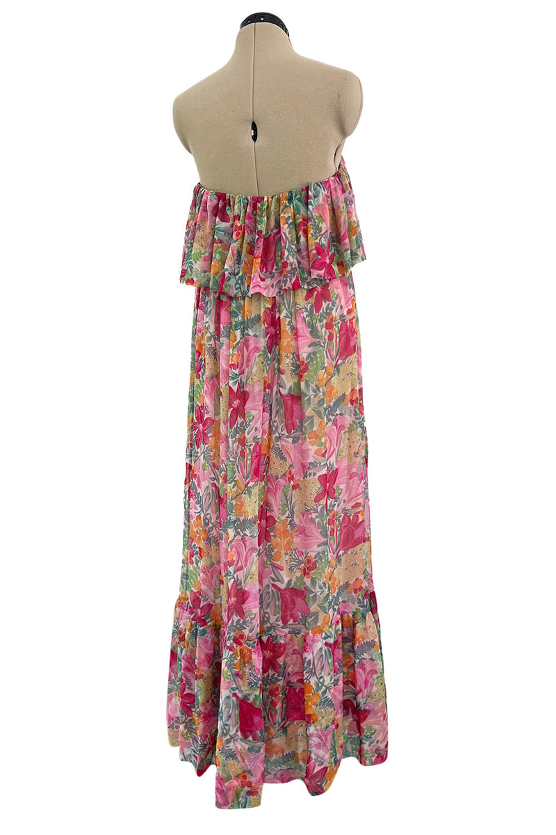 Important Spring 1978 Christian Dior by Marc Bohan Prettiest Pink Floral Silk Chiffon Strapless Dress