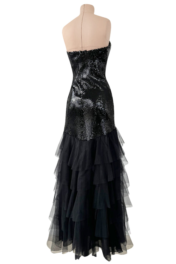 Incredible 1976-1978 Loris Azzaro Strapless Glossy Black Sequin Dress wLayered Net Tulle Skirt