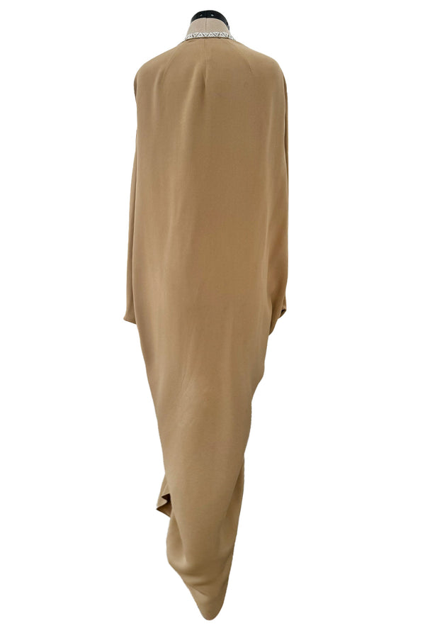 Incredible 1978 Pierre Cardin Haute Couture Soft Taupe Silk Cape Dress w Rhinestone Detailing