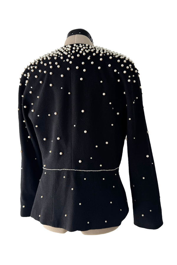 Incredible 1980s Givenchy Black Crepe Jacket w Pearl & Rhinestone Applique