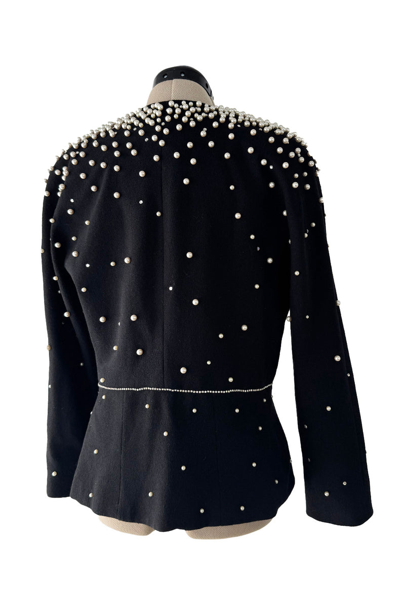 Incredible 1980s Givenchy Black Crepe Jacket w Pearl & Rhinestone Applique