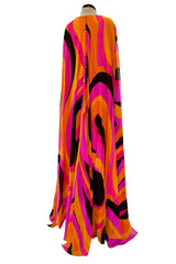 Spectacular c.1972 La Mendola Brilliant Pink, Orange, Tangerine & Black Silk Chiffon Caftan w Floor Length Cape Sleeves Sleeves