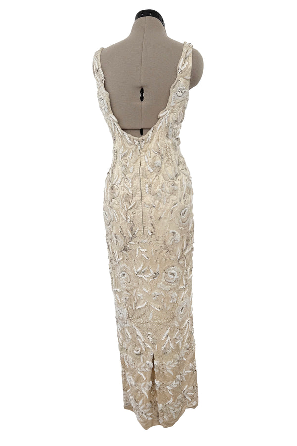 Amazing 1950s Mde. Etoile Ivory Silk Heavily Hand Beaded Demi Couture Dress w Scoop Back