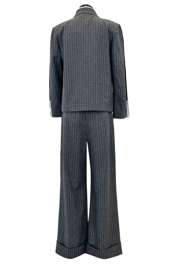 Pre-Fall 2018 Chanel by Karl Lagerfeld Grey Runway Look 13 Grey Pin Striped Pant & Jacket Pant Suit