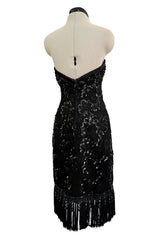 Fall 1992 Emanuel Ungaro Strapless Sequin SIlk & Lace Black Dress w Fringed & Beaded Hem