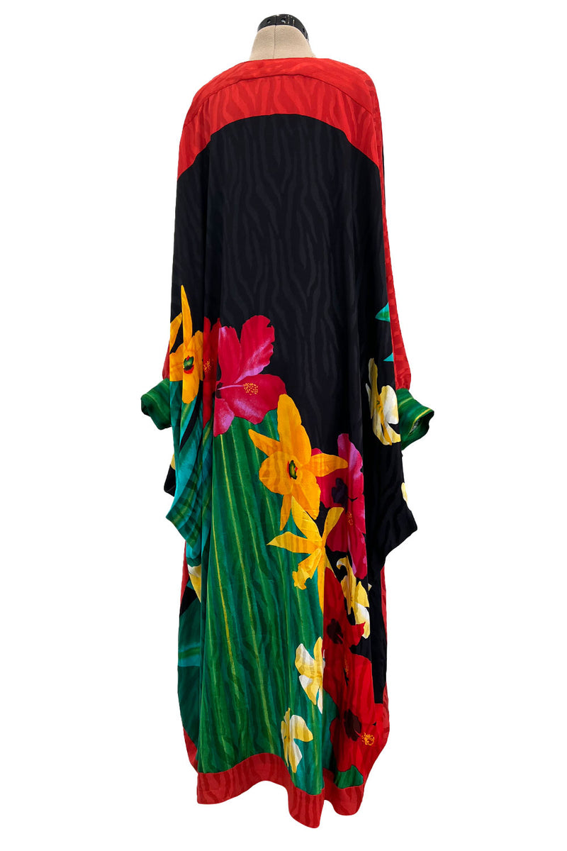 Fabulous 1980s Pauline Trigere Scarf Weight Silk Huge & Brillaint Coloured Floral Printed Caftan Dress