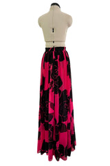 Multifunctional 1970s or 1980s Original Valentino Deep Pink & Black Printed Silk Chiffon Open Front Over Skirt