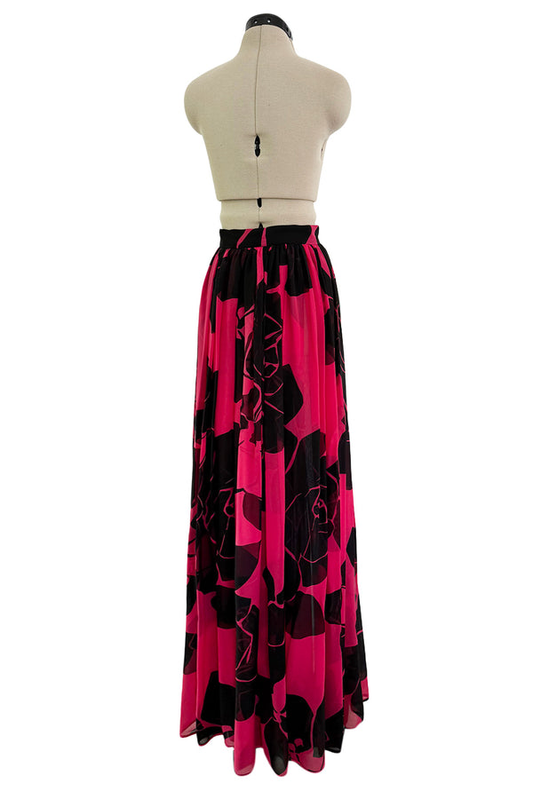 Multifunctional 1970s or 1980s Original Valentino Deep Pink & Black Printed Silk Chiffon Open Front Over Skirt
